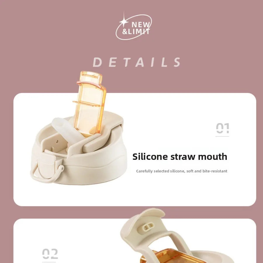 Double-wall vacuum straw insulated water bottle with portable snap-on lid for men and women, suitable for outdoor use.