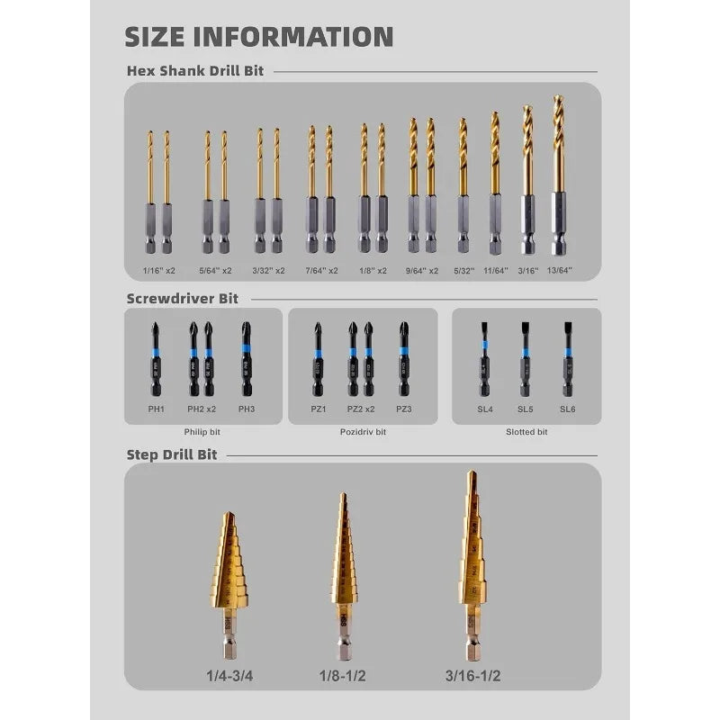 30PCS Impact Driver Bit Set Include Screwdriver Bit Set,Step Drill Bit,Hex Shank Drill Bit with Tough Stackable Case